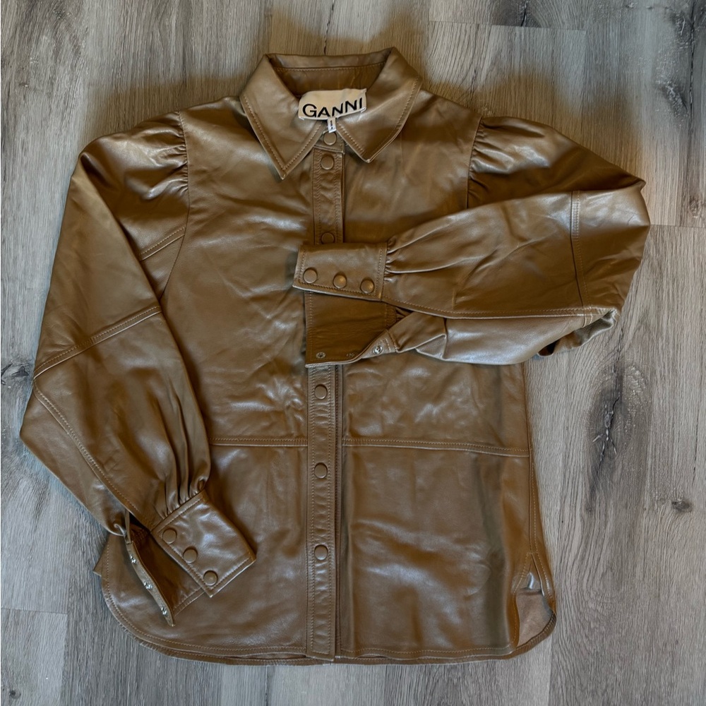 Ganni Tan Leather Shirt with Button Detail
